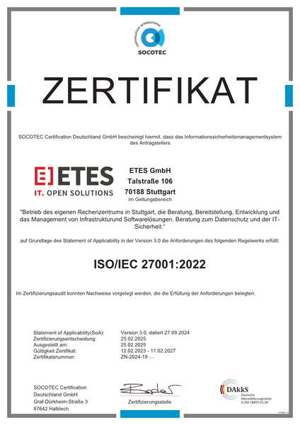ISO/IEC 27001 Zertifikat ETES GmbH