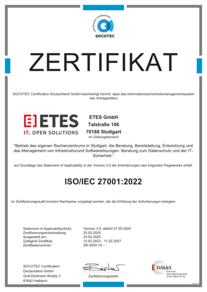ISO/IEC 27001 Zertifikat ETES GmbH