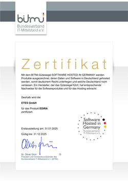 EDIRA - Zertifikat "Software Hosted in Germany"