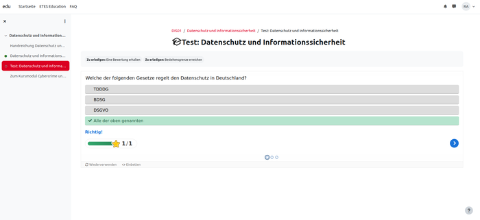 Screenshot Kurs Datenschutz und Informationsicherheit und Wissensabfrage